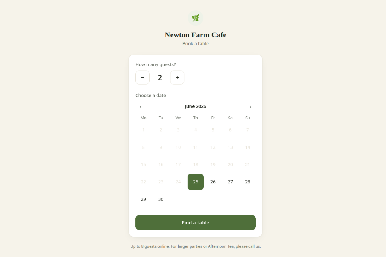 The Newton Farm café table-booking screen