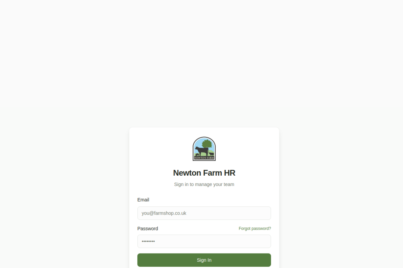 The Newton Farm HR platform sign-in screen